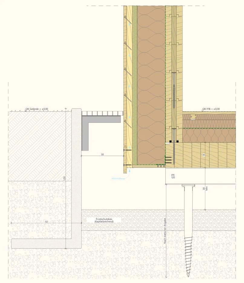 Schematischer Schnitt aus dem MaWood-Buch mit Schraubfundament, Auflager und gedämmter Holzbodenkonstruktion